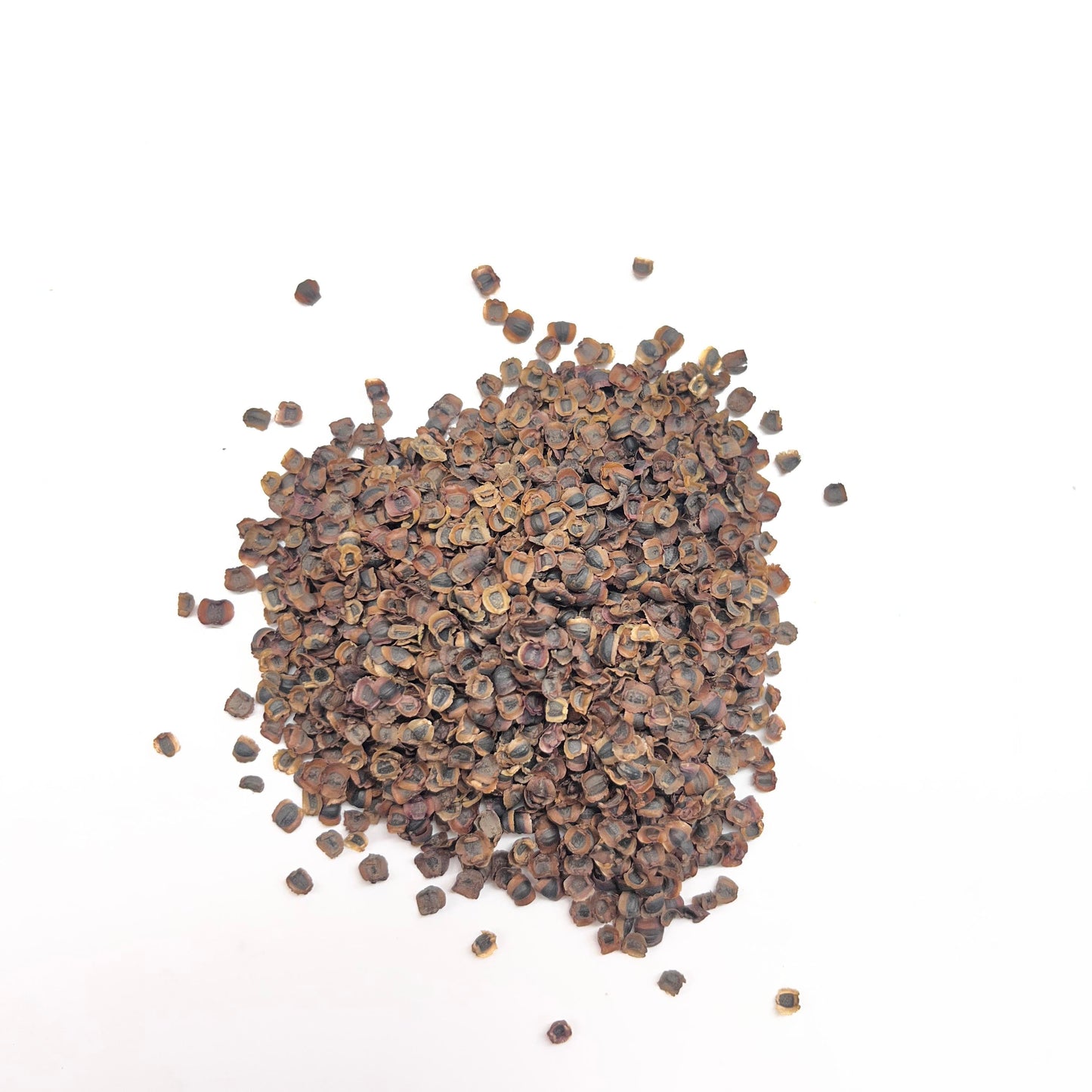 Small pile of dark brown seeds on a white background