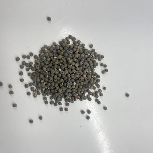 Small gray seeds on a white surface
