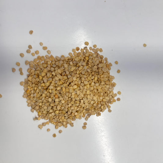 Small pile of light brown seeds on a white surface
